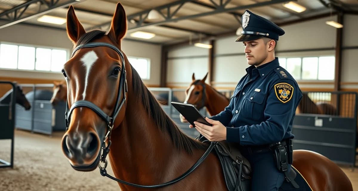 Mounted patrol officer using barn management software on tablet to track horse assignments and duty readiness at equestrian facility