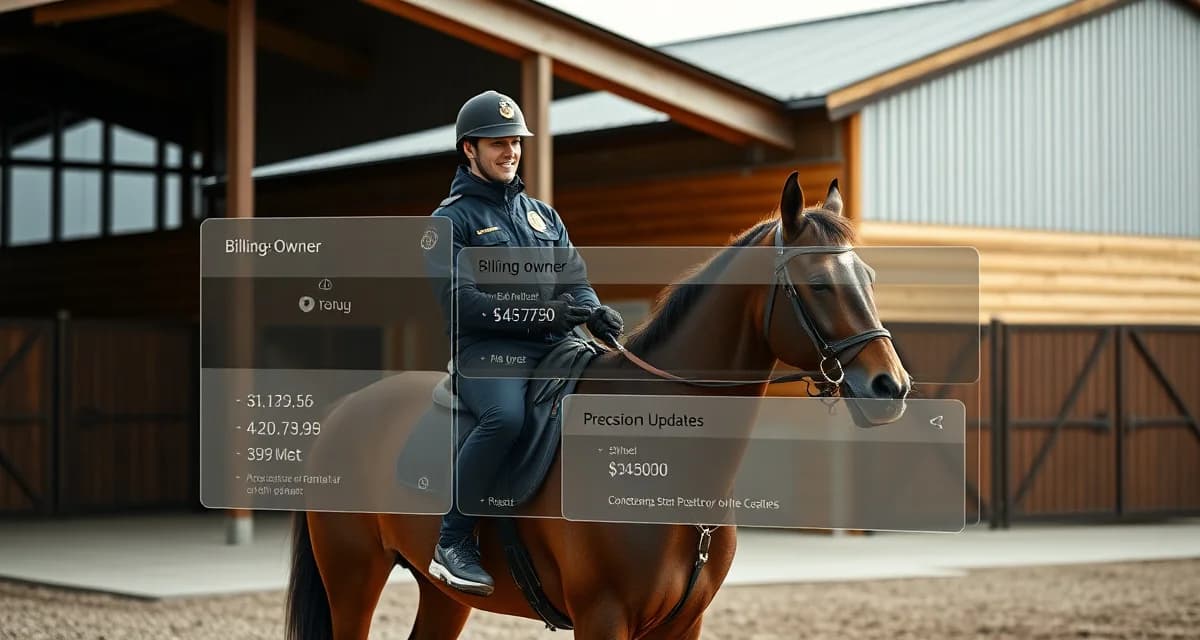 Mounted patrol officer on horseback with barn management billing communication interface displayed, representing modern stable operations software