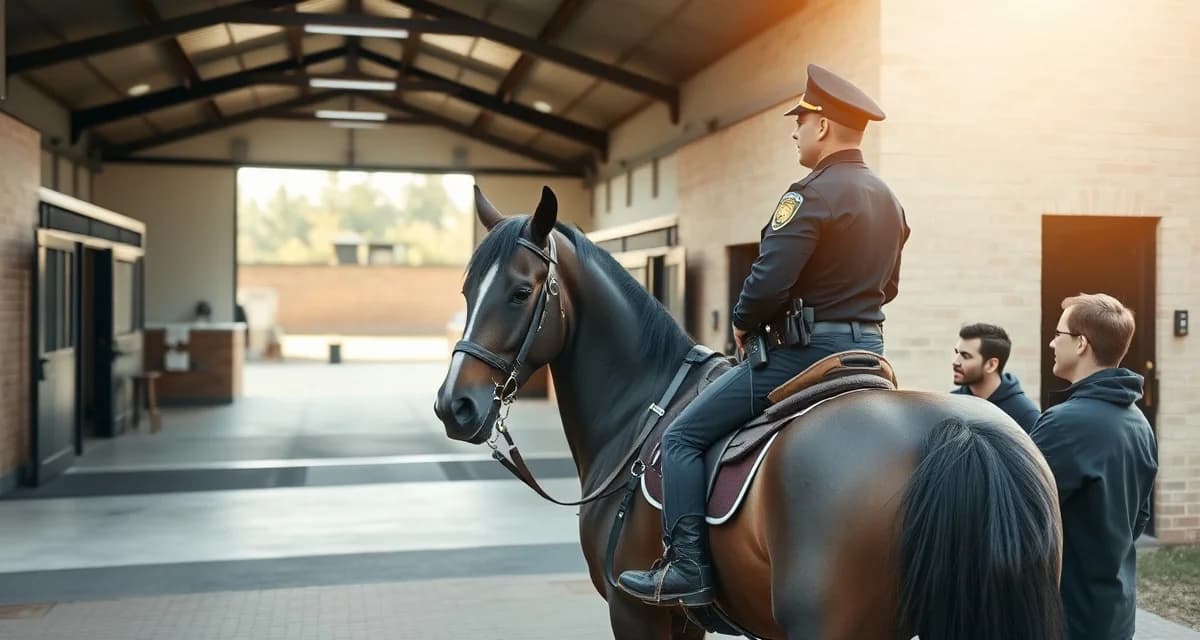 Mounted patrol officers and barn staff coordinating work schedules outside a professional equine facility with rotating shift management.