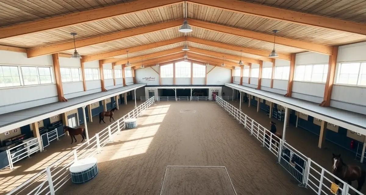 Modern multi-discipline horse barn facility interior showing organized training areas for English and Western riding programs with professional management systems.