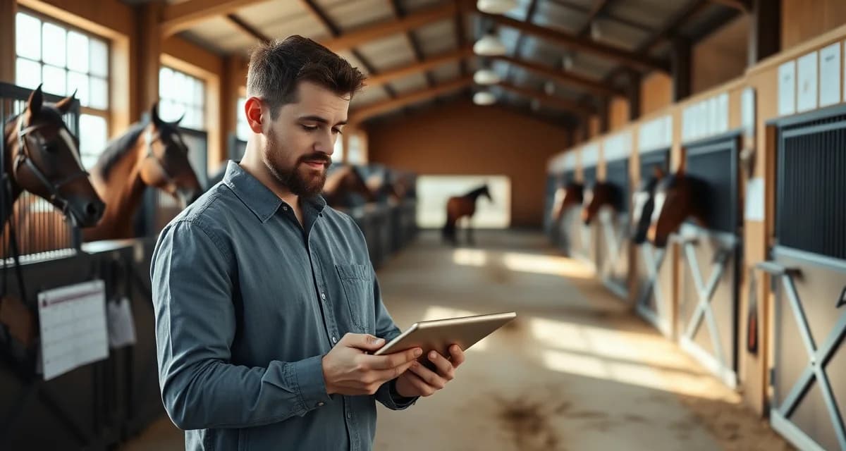 Equine facility manager using barn management software dashboard to oversee multiple horse stable locations