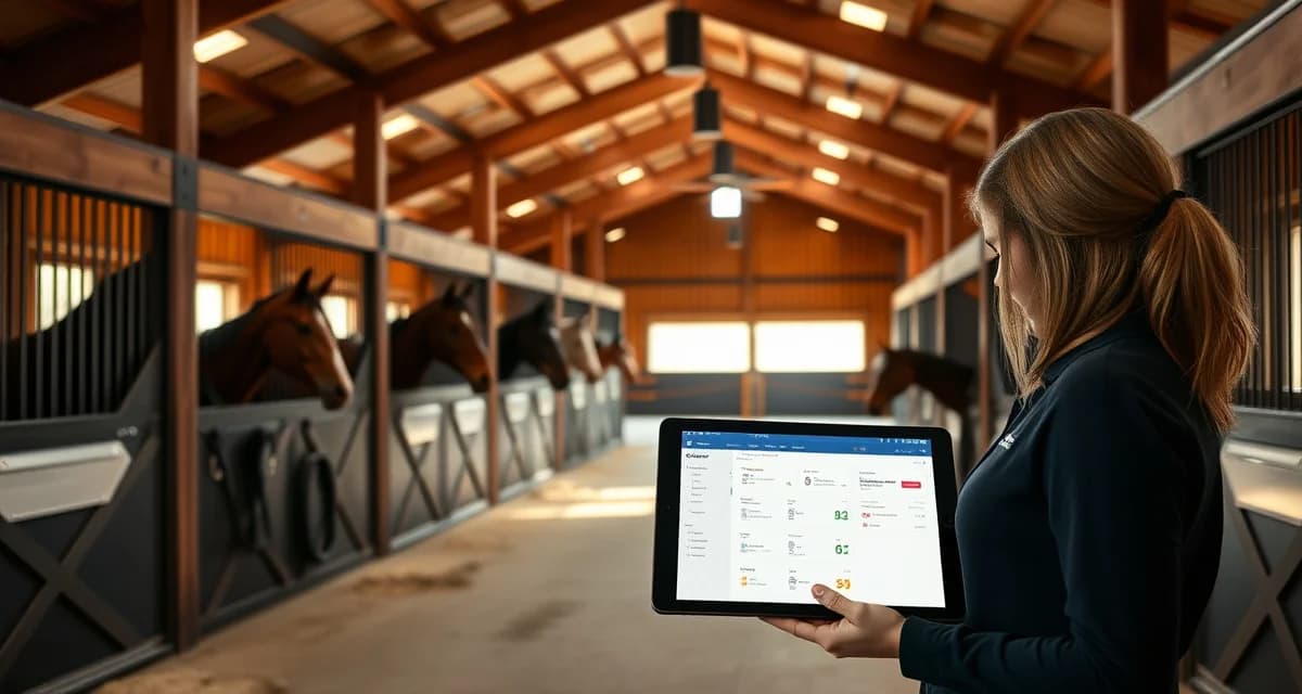 Modern horse barn facility management software dashboard displayed on tablet by NC equestrian manager organizing stable operations