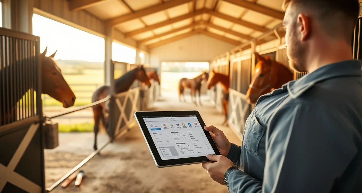 Modern horse barn facility in North Carolina with organized paddocks and grazing horses, representing efficient barn management software solutions.
