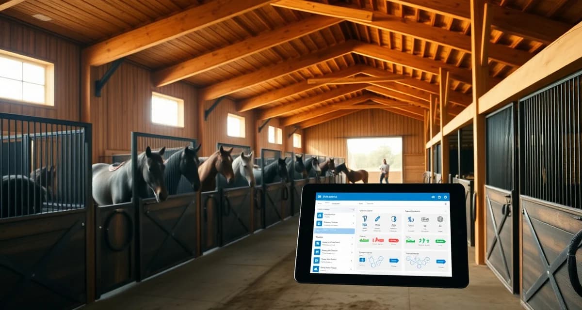 Modern horse barn management software interface displayed on tablet in organized Nebraska equine facility with stalls