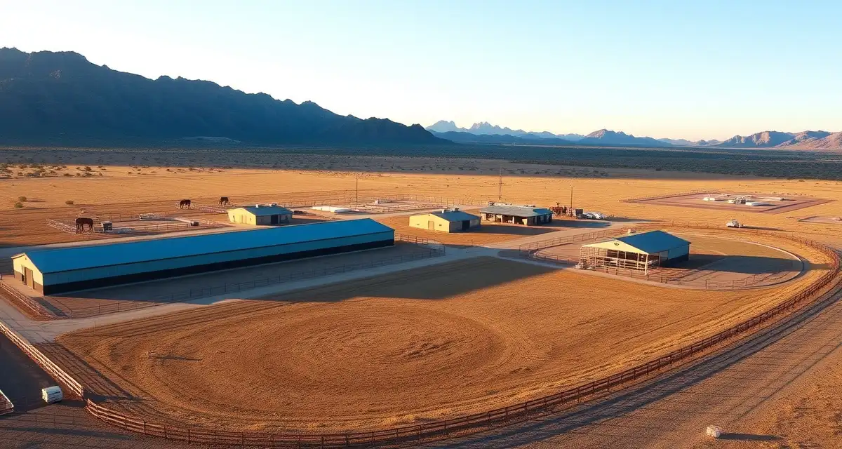 Modern equestrian facility in Nevada desert with organized horse barns, pastures, and training areas showcasing professional barn management infrastructure.
