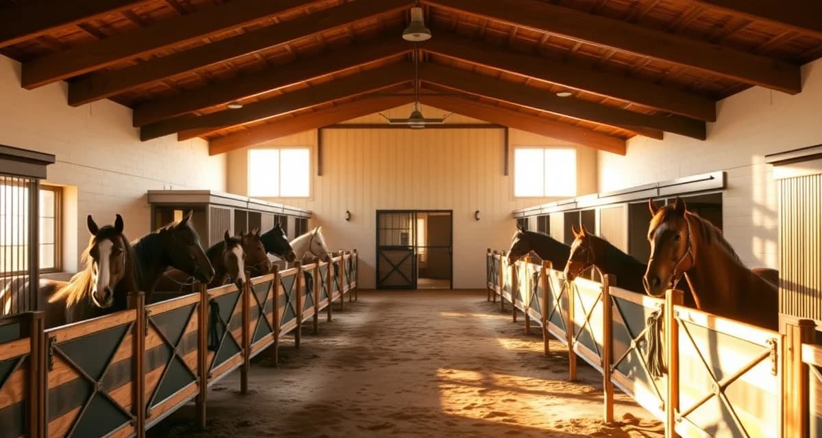 Modern horse barn facility in New Mexico with organized stalls and professional equestrian management setup for boarding operations