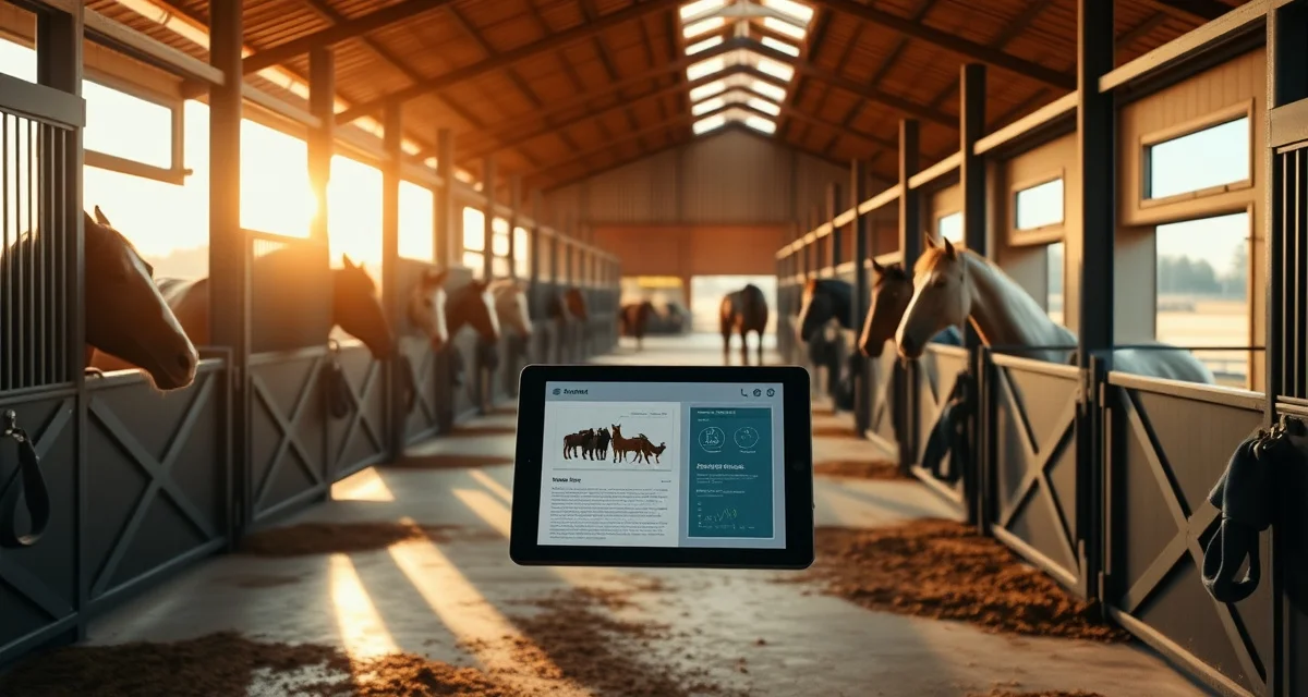 Modern barn management software interface displayed on tablet in organized New York horse facility with clean stalls and professional equipment