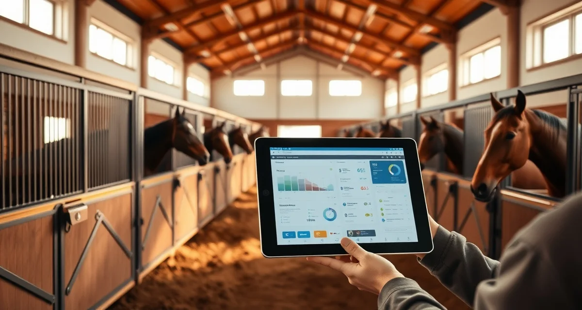 Horse barn management software dashboard interface displayed in modern New Jersey equine facility with organized stalls