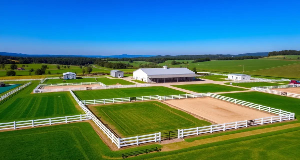 Professional equestrian facility in North Carolina showing modern horse barn, white fencing, and maintained pastures for horse boarding and stable management.