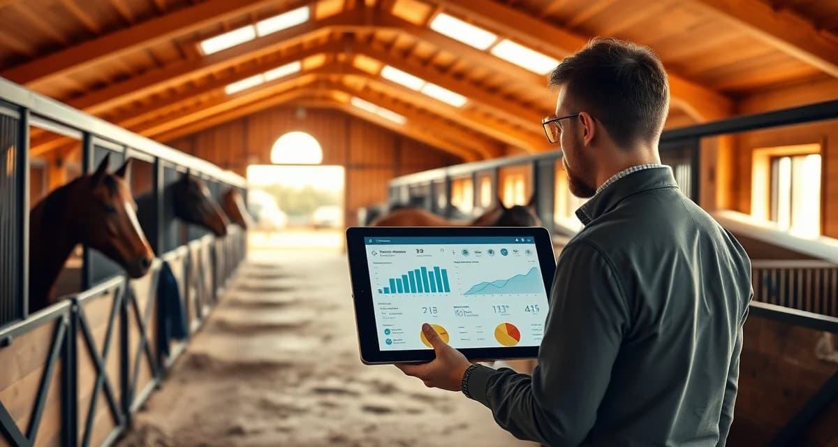 Horse barn facility manager using equestrian management software on tablet to organize stalls and scheduling in North Dakota stable