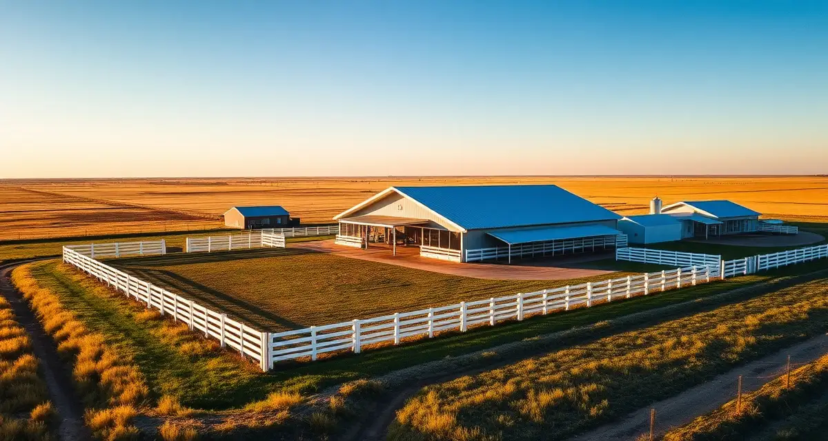 Modern horse barn and paddock facility in North Dakota ranch landscape with white fencing and multiple enclosures for equine management.