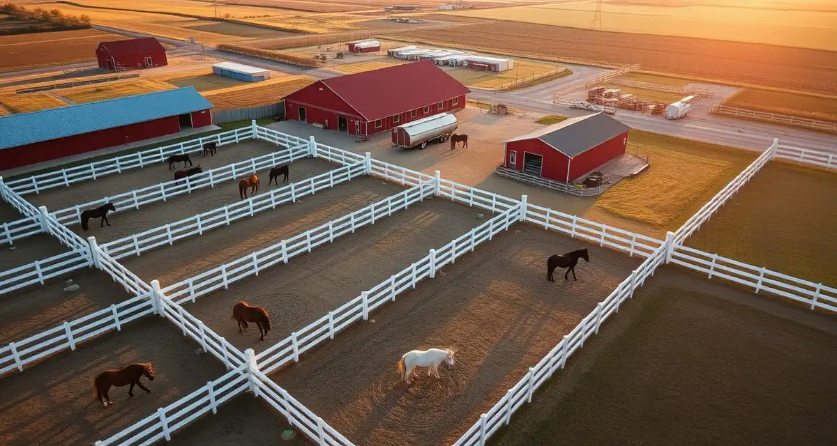 Aerial view of a professional horse boarding barn facility in North Dakota with organized paddocks and pastures for equine care and stable management.