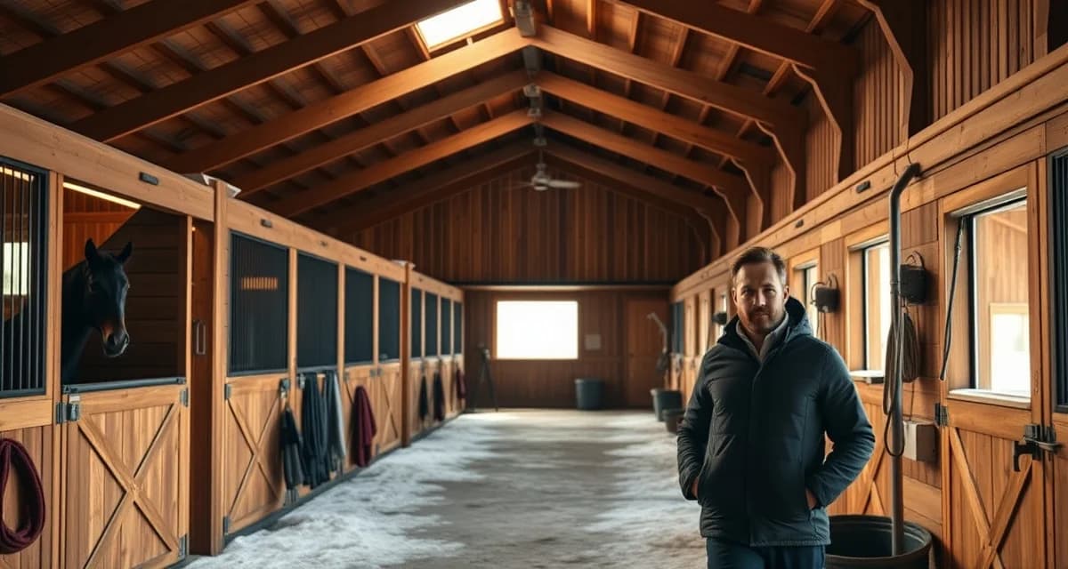 Organized horse barn interior during off-season with clean stalls and maintenance supplies, showing proper facility management practices.