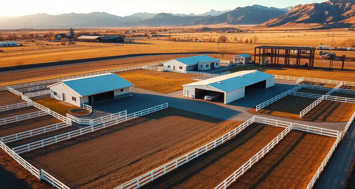 Modern horse barn facility in Ogden Utah with organized stables, paddocks, and Wasatch Mountain views for equestrian management
