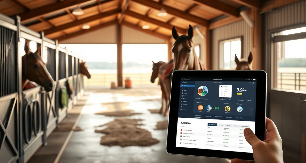 Modern barn management software interface displayed on tablet in organized horse facility, streamlining Ohio stable operations and horse care management.