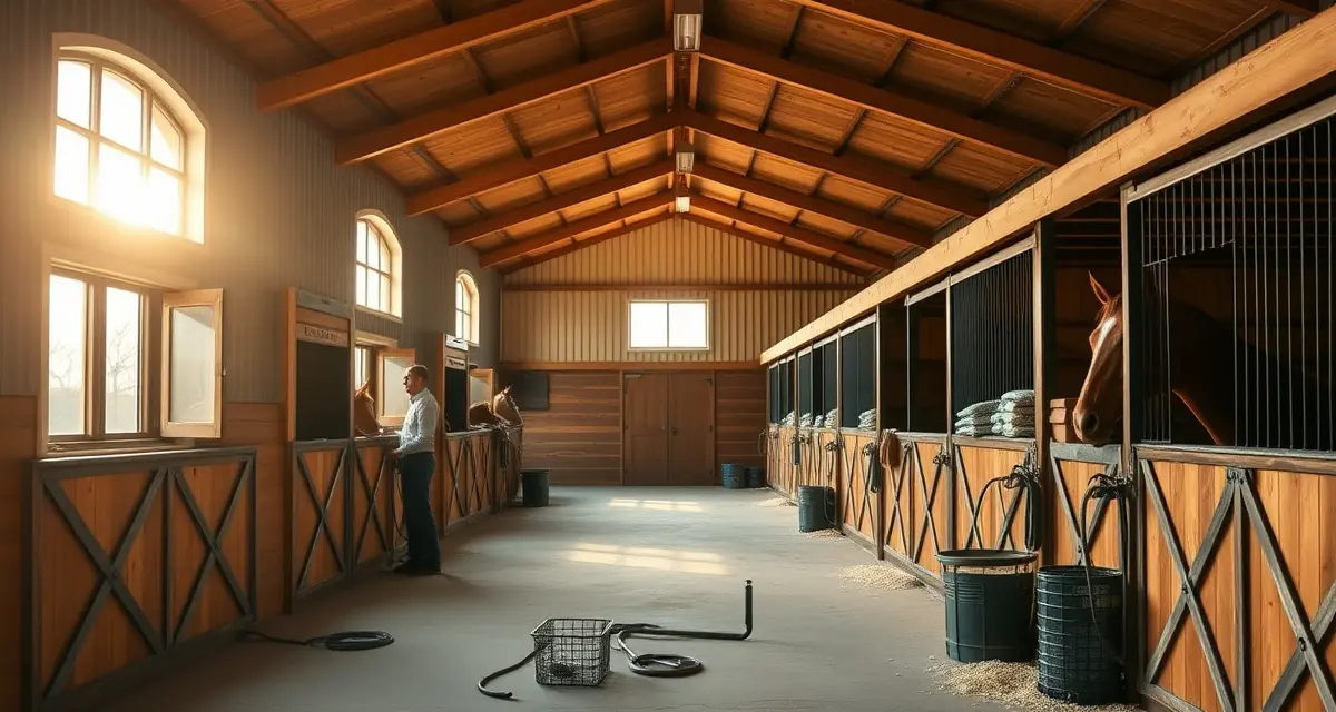 Modern horse boarding stable facility in Ohio with organized stalls and professional barn management setup for equine operations.