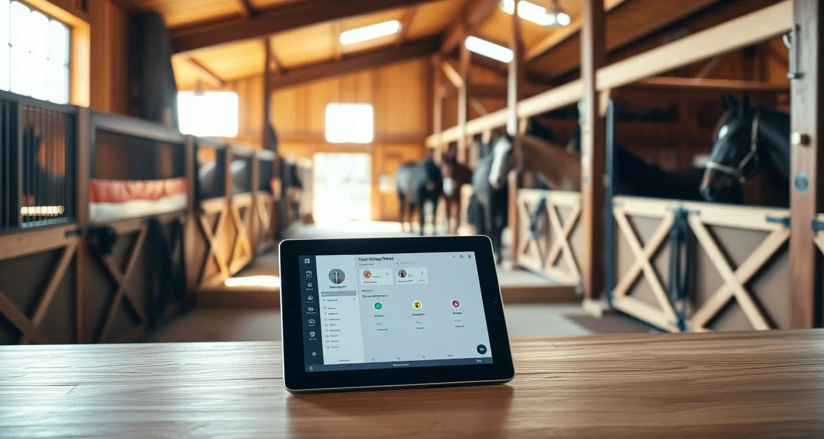 Modern horse barn interior with organized stalls and equestrian facility management software displayed on tablet