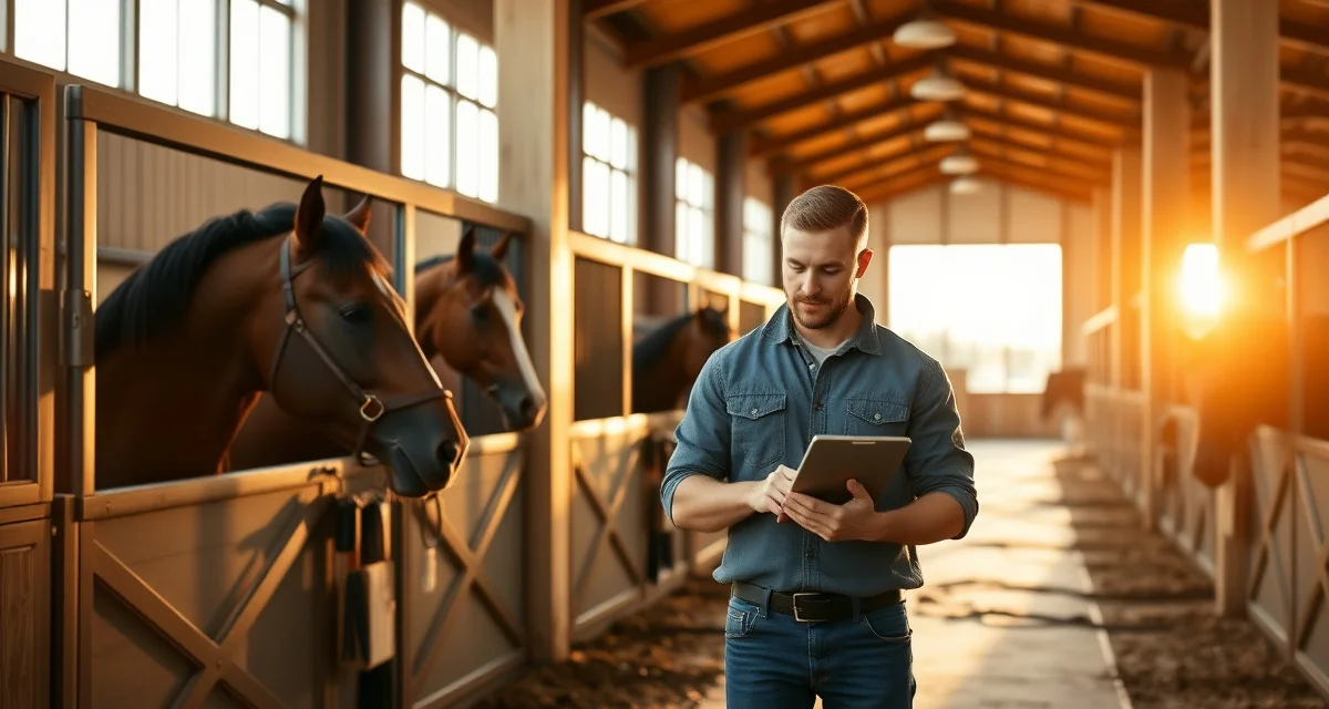Oklahoma barn manager using horse barn management software on tablet to organize equine facility operations