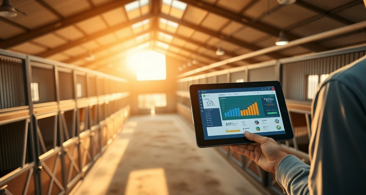 Modern barn management software interface displayed on tablet in a professional Oregon horse facility with organized stalls