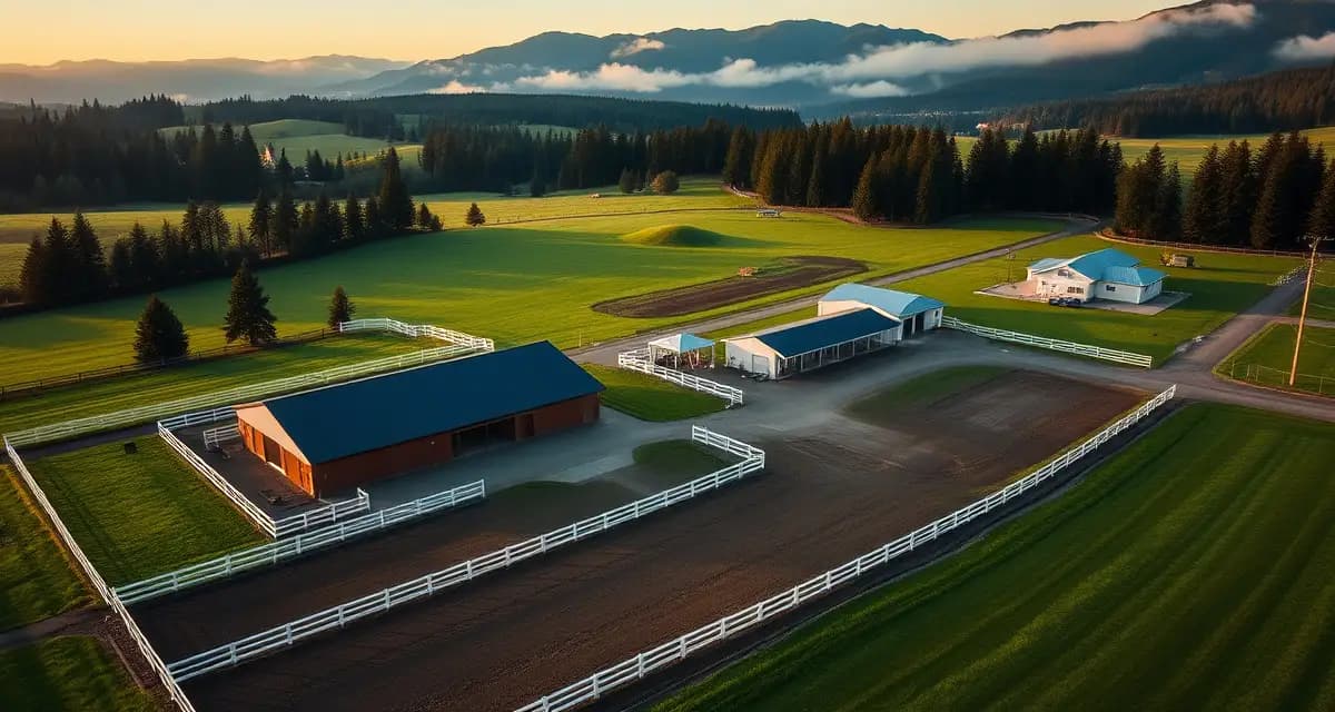 Modern horse barn facility in Oregon's Willamette Valley with paddocks and pastures surrounded by green landscape and distant mountains.