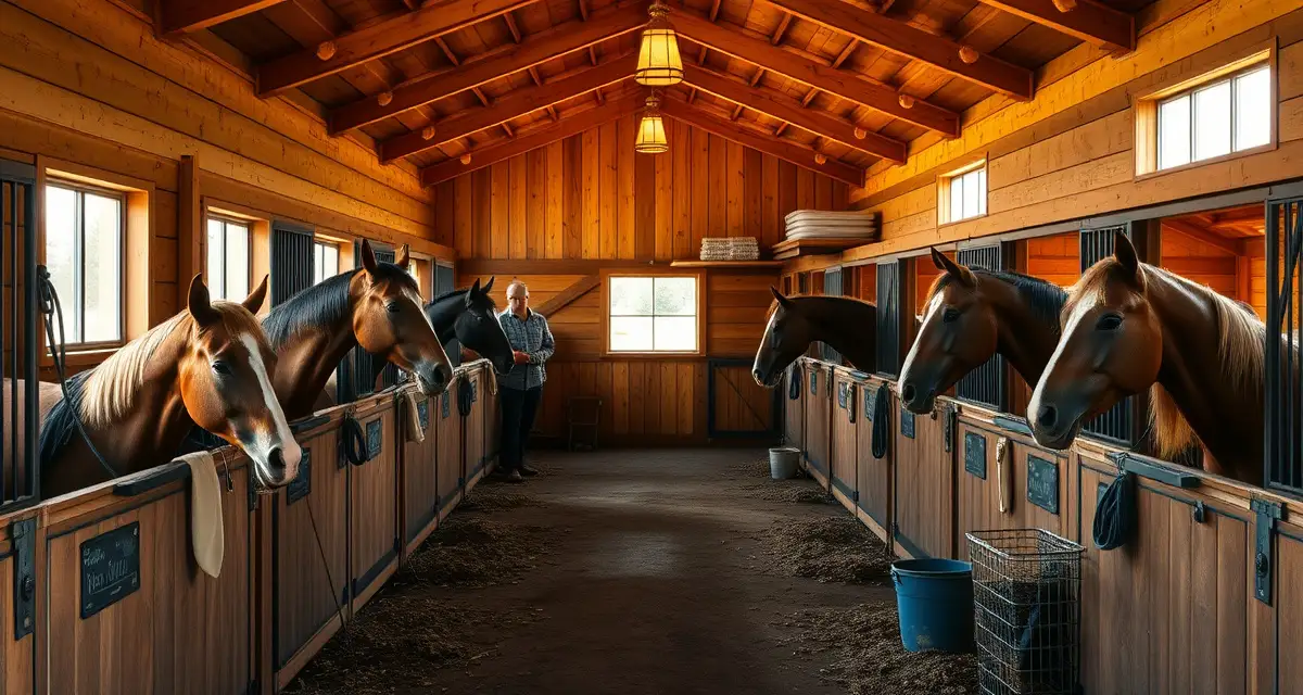 Well-maintained horse barn with organized stalls and professional management setup for Oregon equestrian boarding business operations