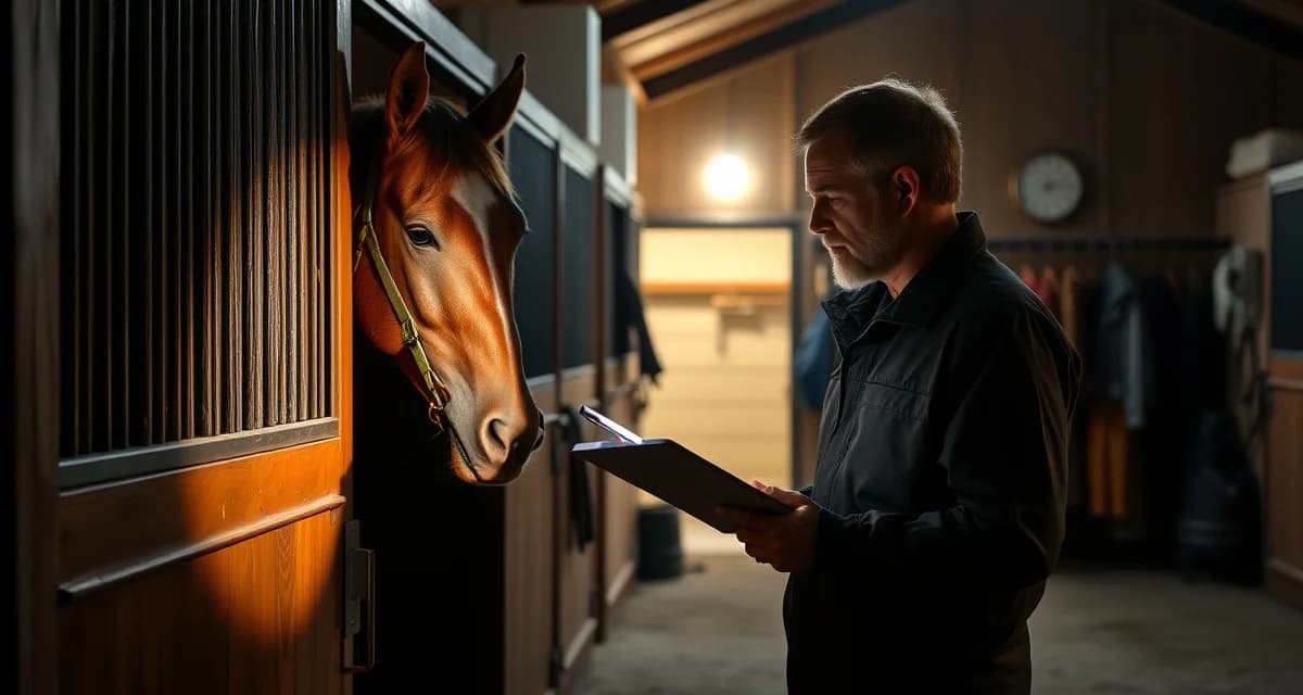 Horse barn manager performing overnight barn check with clipboard and flashlight during night stable inspection