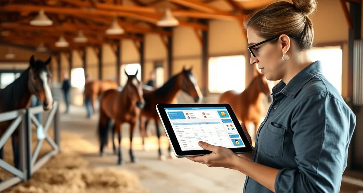 Boarding barn manager using owner communication software to send updates to horse owners on digital platform