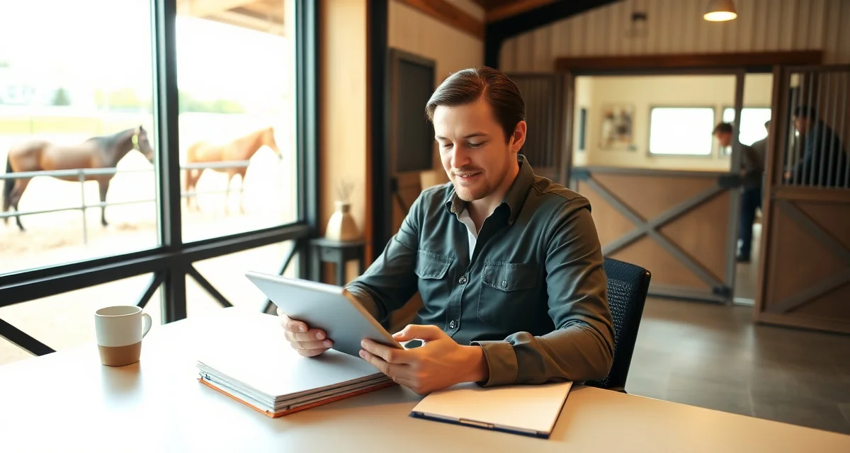 Barn manager using owner communication template software to send updates to horse owners on tablet device