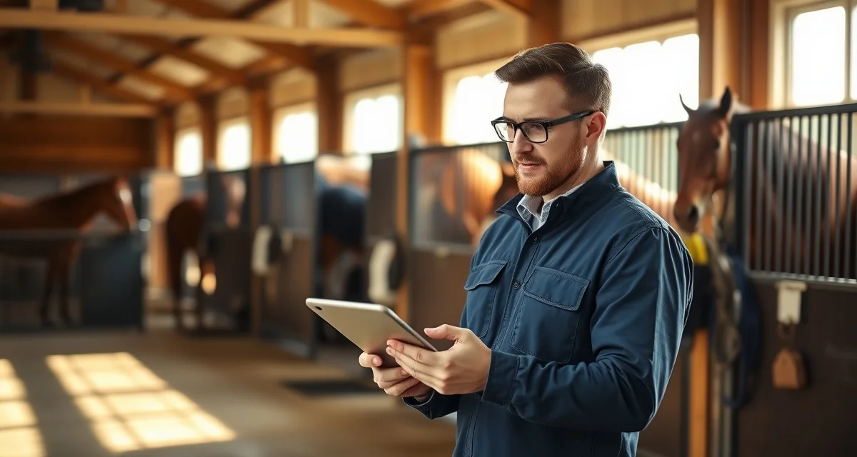 Barn manager using software to send structured owner communication updates about horse care and training progress