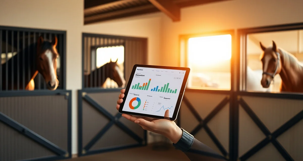 Equine management software owner portal interface showing horse care data, communication features, and billing integration for professional boarding facilities