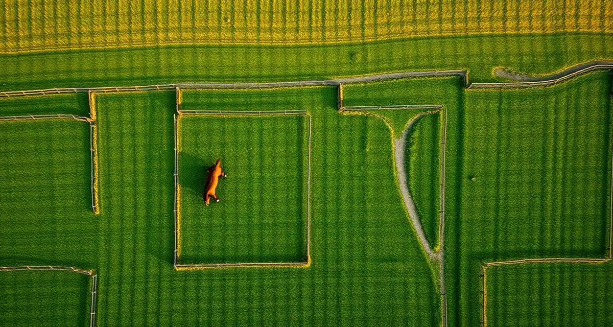 Aerial view of rotational pasture sections for horses showing multiple paddocks with grazing horses and fenced divisions for effective pasture management