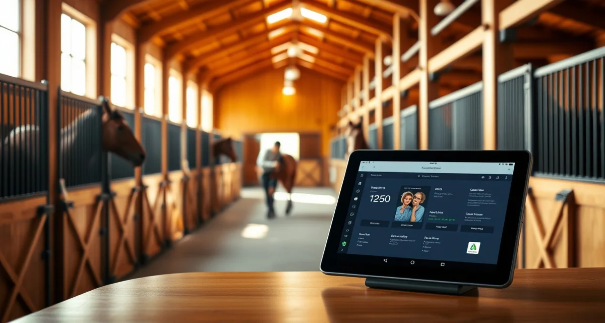 Modern horse barn management software interface displayed in Pennsylvania equine facility with organized stalls and digital tools