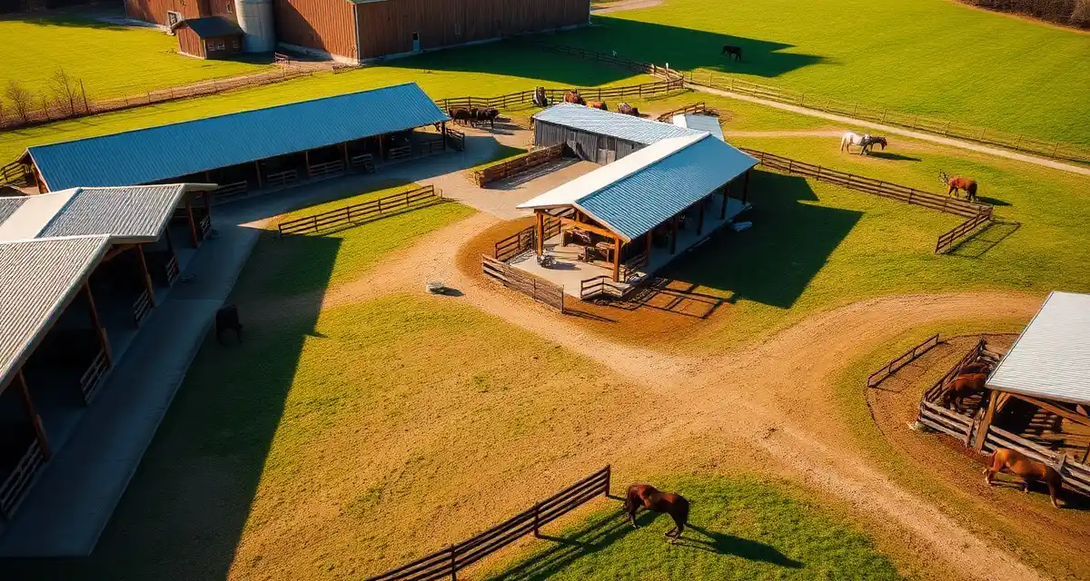 Professional horse boarding barn in Pennsylvania with organized stalls, pastures, and horses, representing equine facility management and operations.
