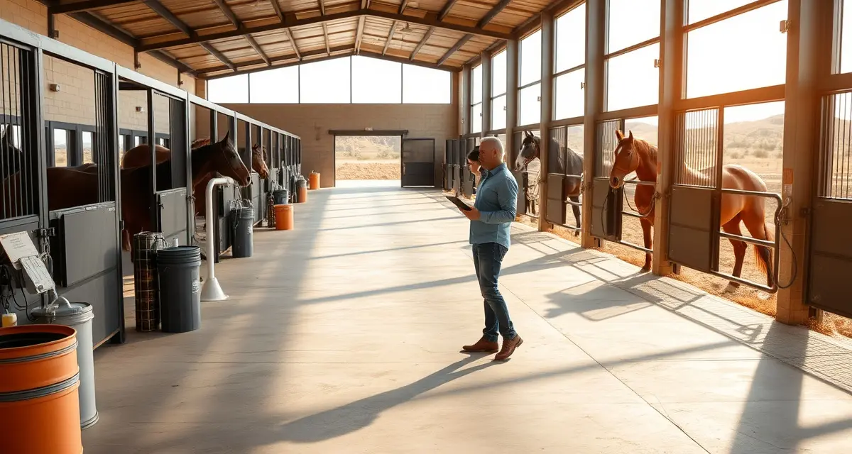 Modern horse barn management software dashboard displayed on tablet at Arizona equestrian facility with organized stalls in background.