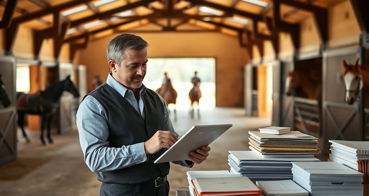 Polo barn manager reviewing complex billing records for string fees, groom charges, and tournament costs using specialized equine facility management software