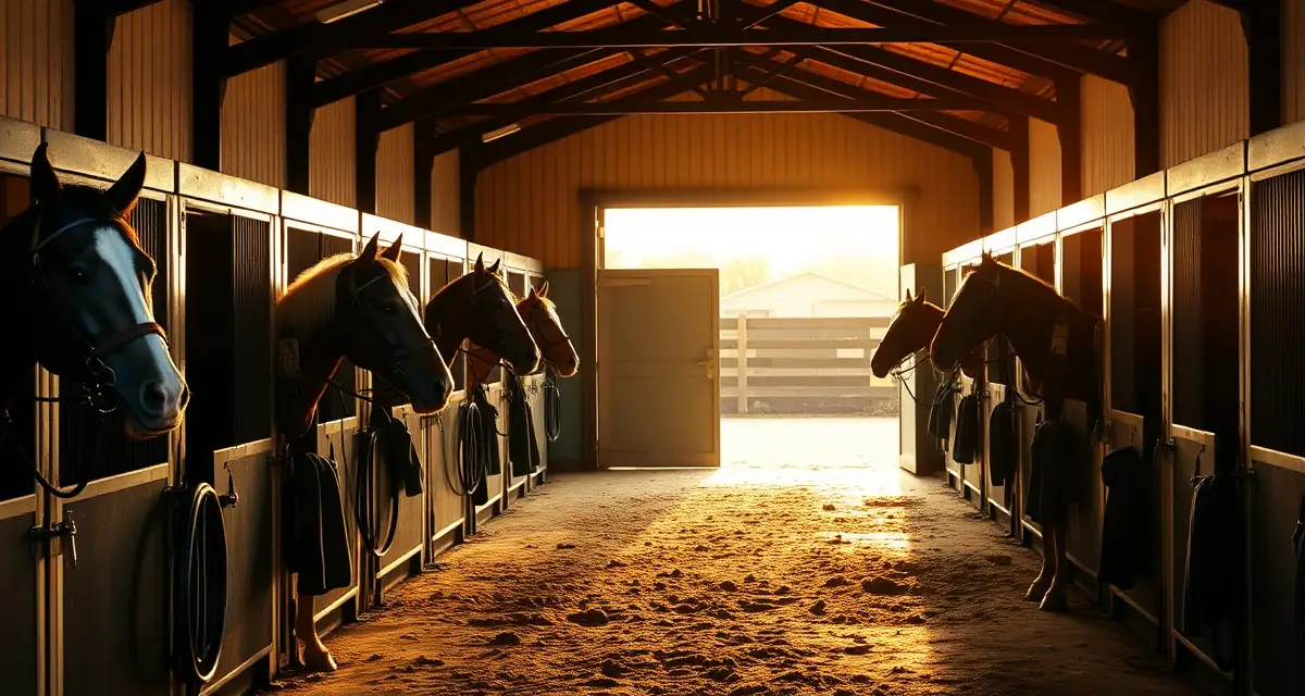 Organized polo barn facility with conditioned ponies in stalls and professional barn management systems implementation