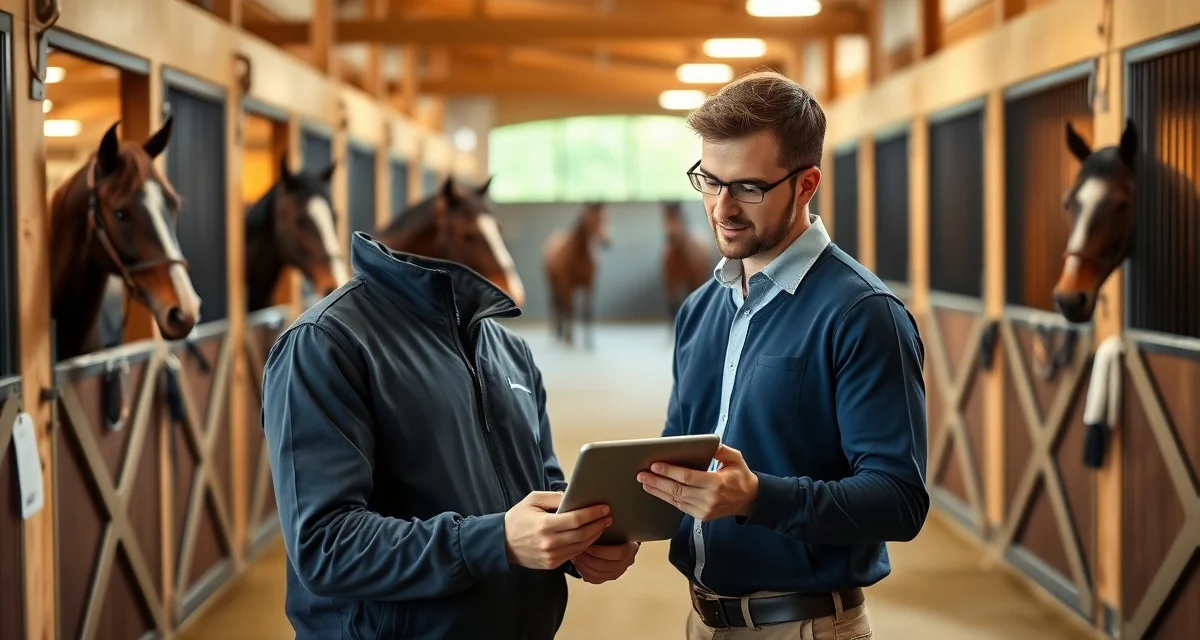 Polo barn manager coordinating owner communication during conditioning season with digital management tools and polo ponies in stable background