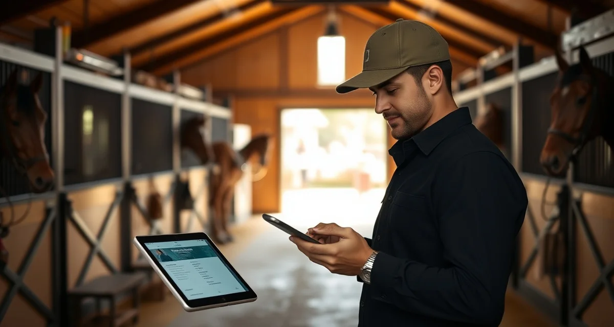 Polo barn manager using communication software to coordinate with horse owners on stable management and performance updates