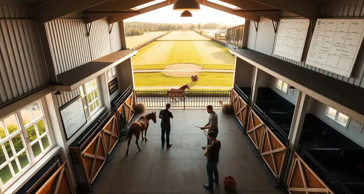 Organized polo barn facility with multiple stable stalls and scheduling board for managing pony conditioning and match preparation.