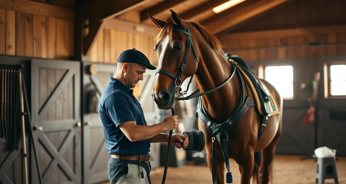 Experienced polo groom fitting protective leg wraps on a polo pony in a professional barn facility during match preparation.