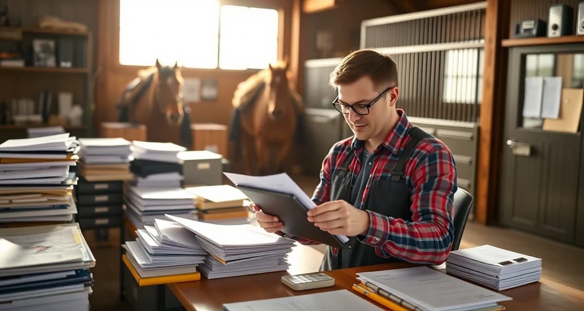 Pony club barn manager reviewing billing reports and membership dues documentation in stable office