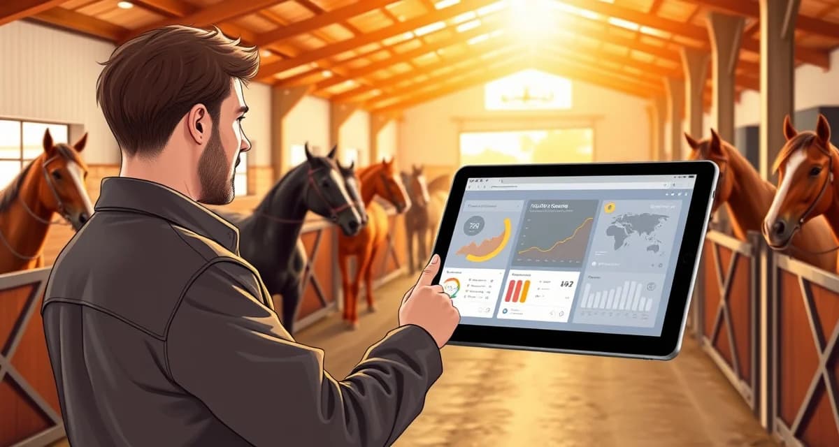 Pony club barn manager monitoring horse health using BarnBeacon software dashboard on digital tablet in stable facility