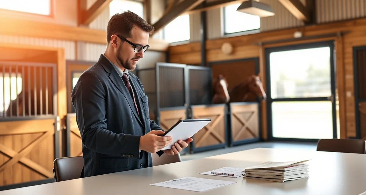 Barn manager using digital incident reporting system on tablet in horse stable office with organized communication tools