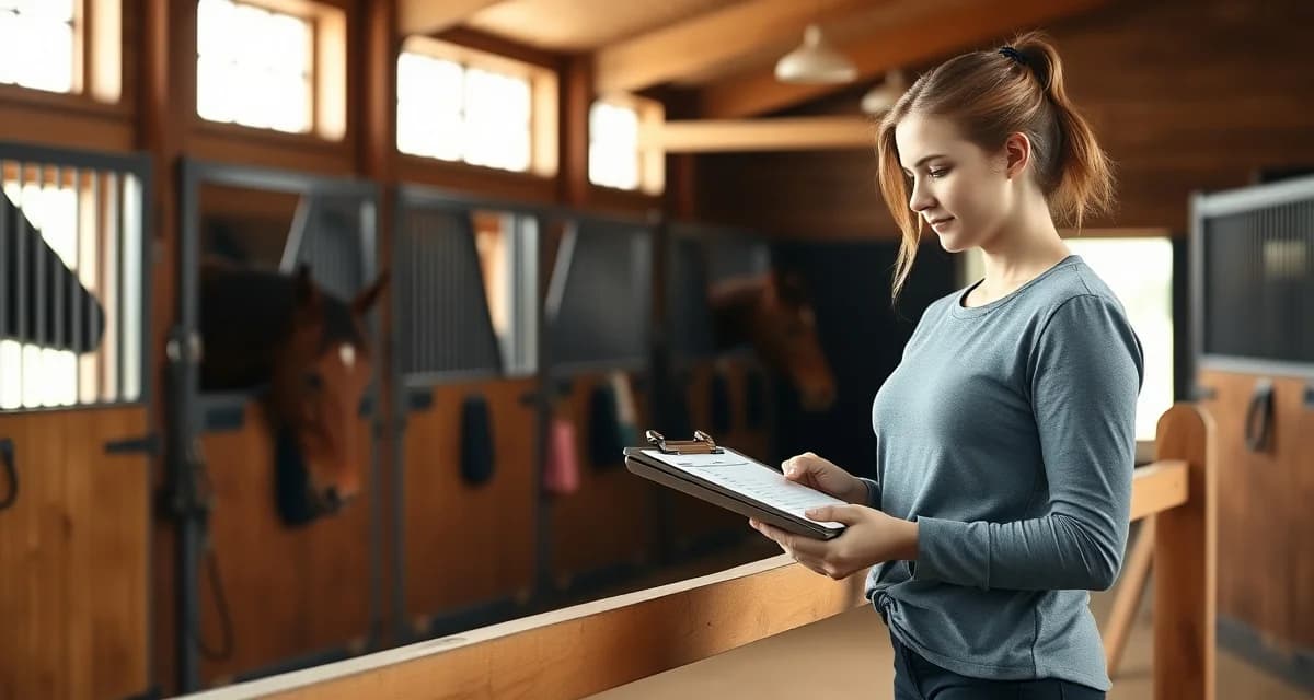 Organized pony club barn with structured stalls and management documentation for youth equestrian facility operations