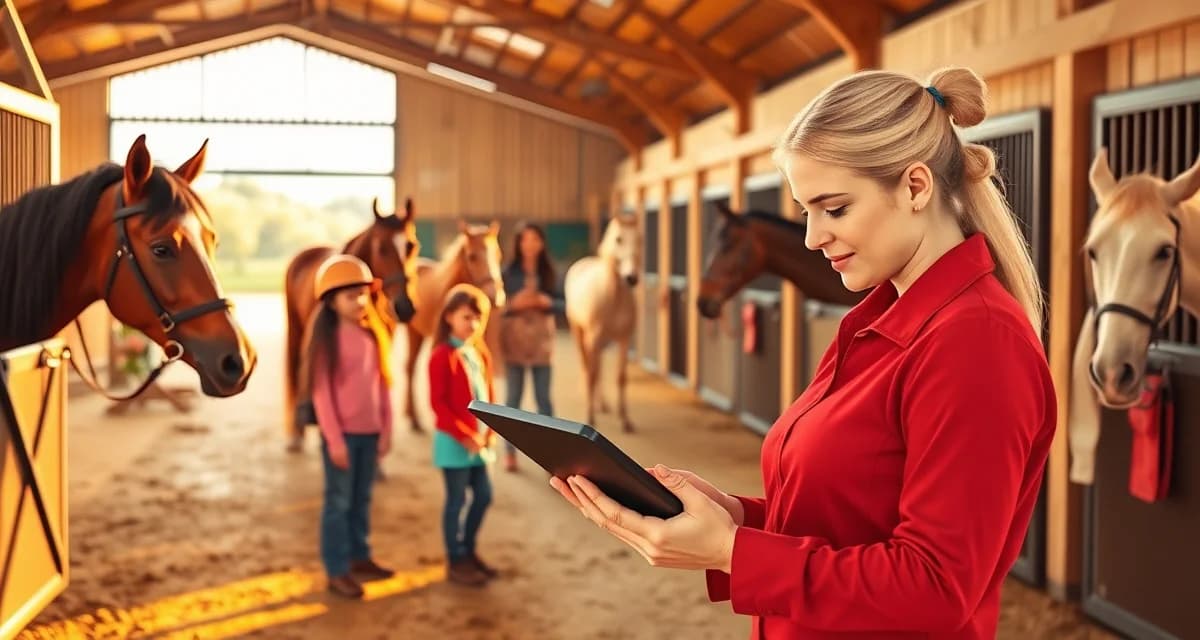 Pony club barn manager using digital barn management software to organize stable operations and youth programming