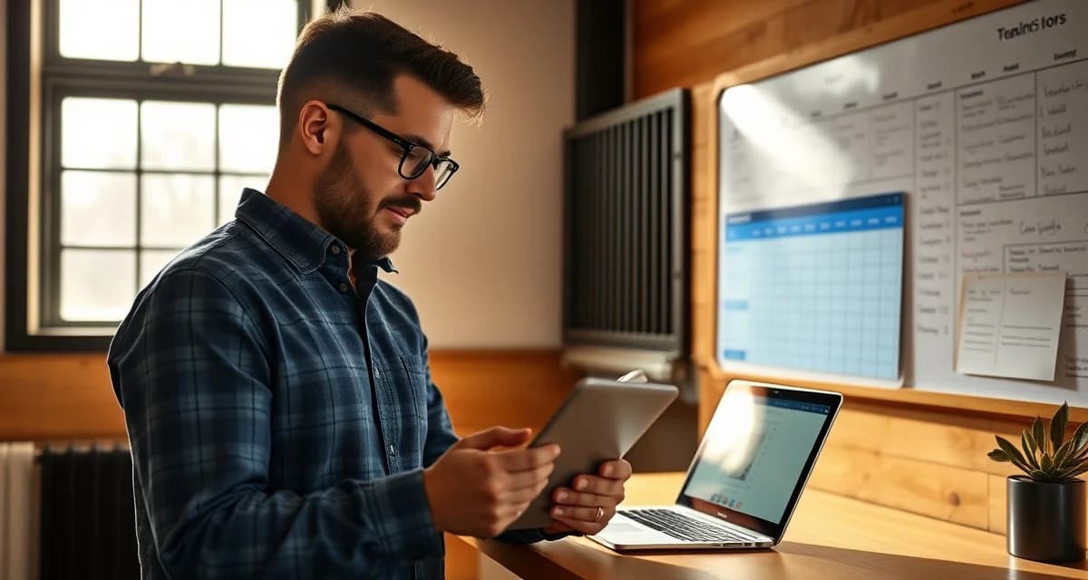 Pony club barn owner reviewing daily reports and communication updates on tablet in stable office workspace