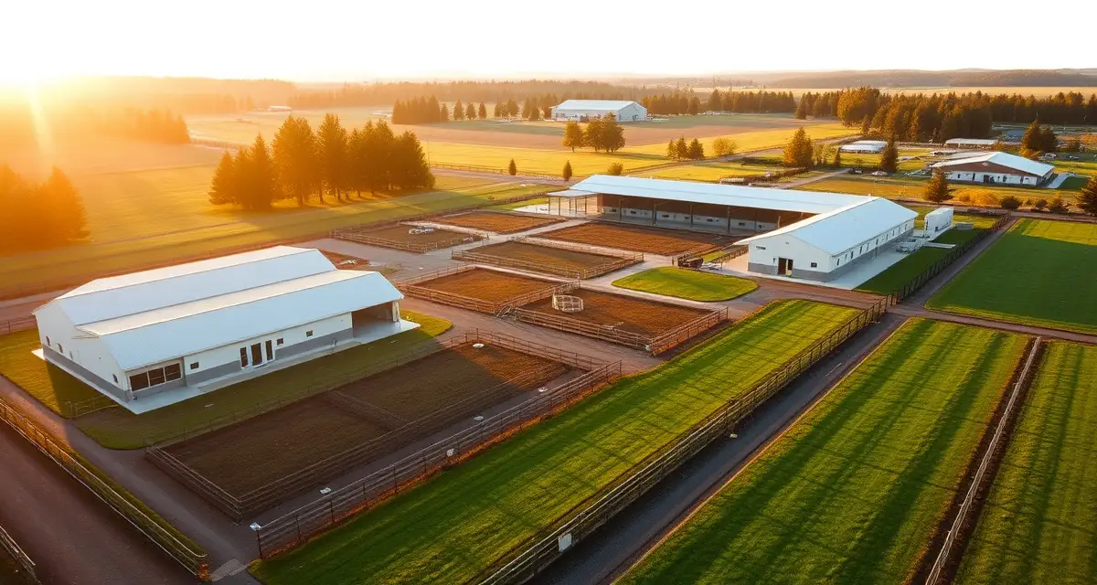 Modern horse barn facility in Portland Oregon area showcasing organized equestrian property management and pasture layout