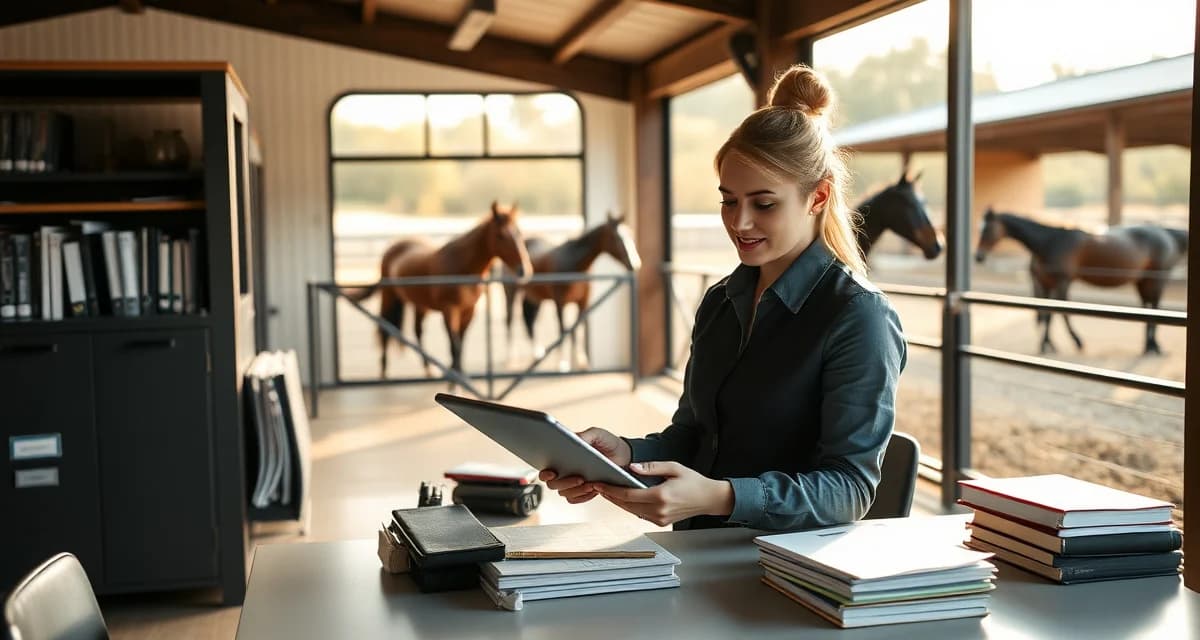 Barn manager using billing software to manage reining facility memberships and NRHA show fees on tablet in stable office
