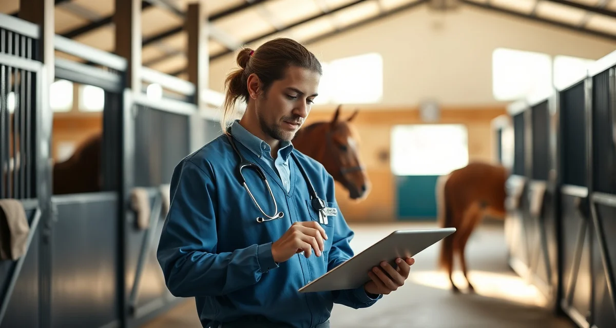 Reining barn manager reviewing horse health updates and owner communication records on digital software platform