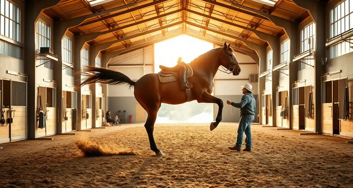 Professional reining barn facility with organized training arena and management systems for horse training programs.